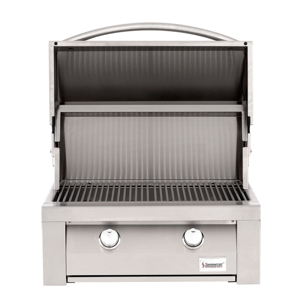 Built-in gas grill open lid showing interior grates, burners, and two control knobs