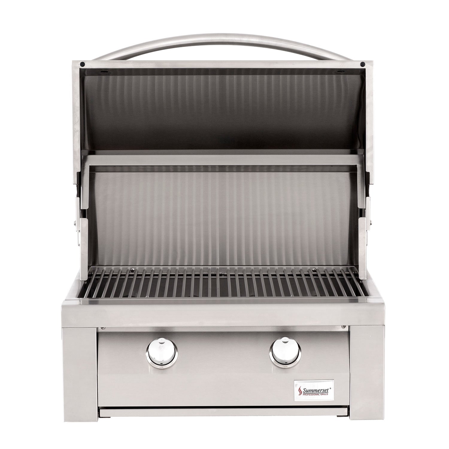 Built-in gas grill open lid showing interior grates, burners, and two control knobs