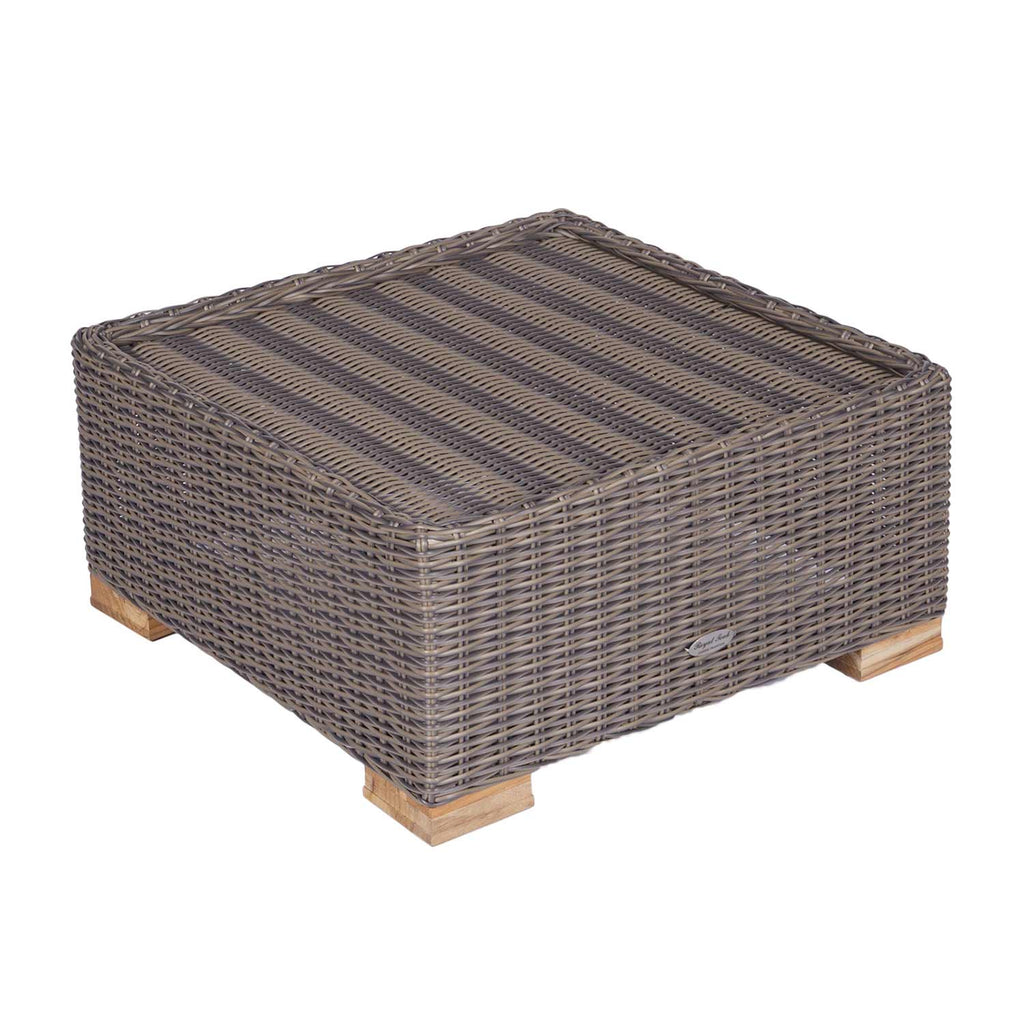 Rectangular dark gray woven wicker ottoman frame on light wood feet