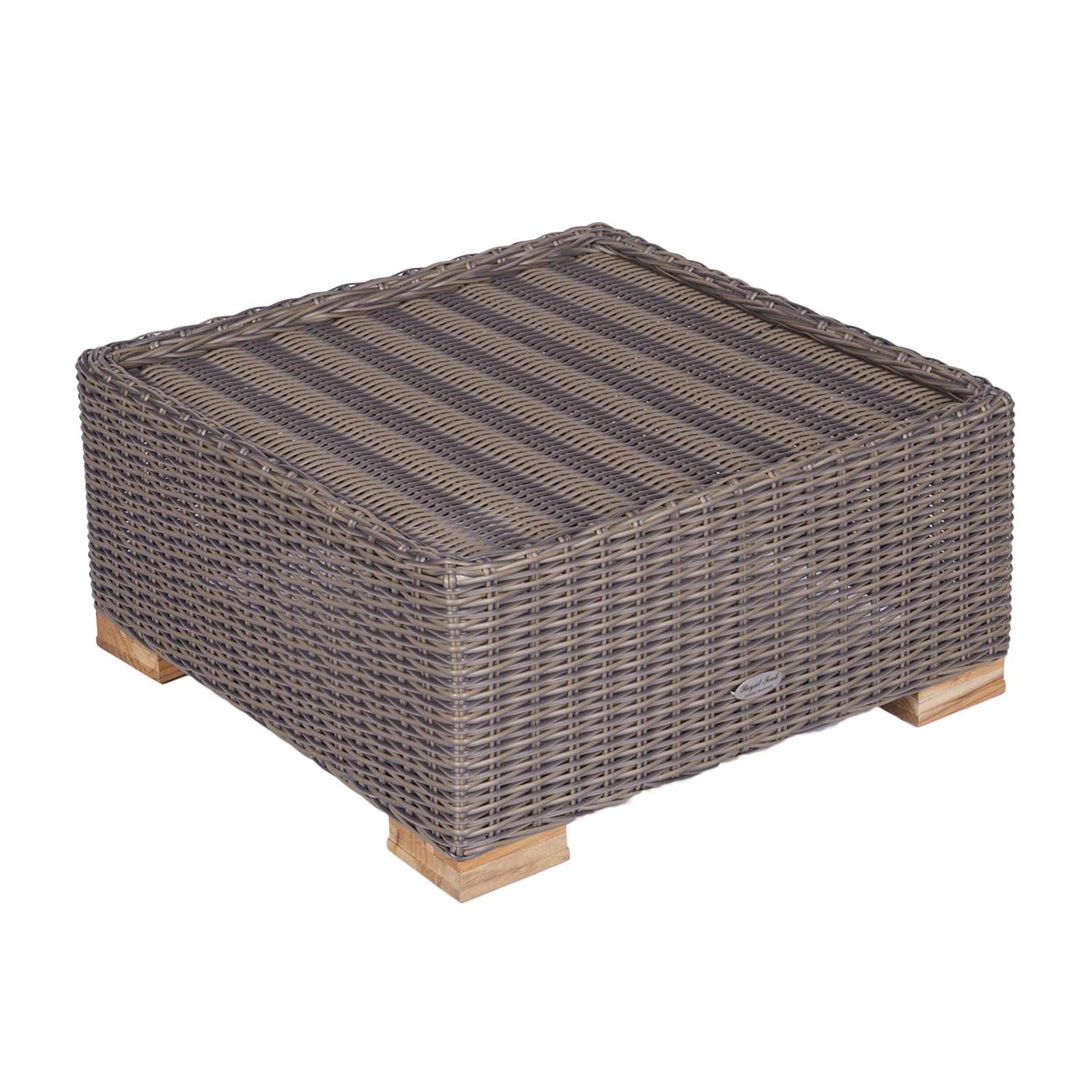 Rectangular dark gray woven wicker ottoman frame on light wood feet