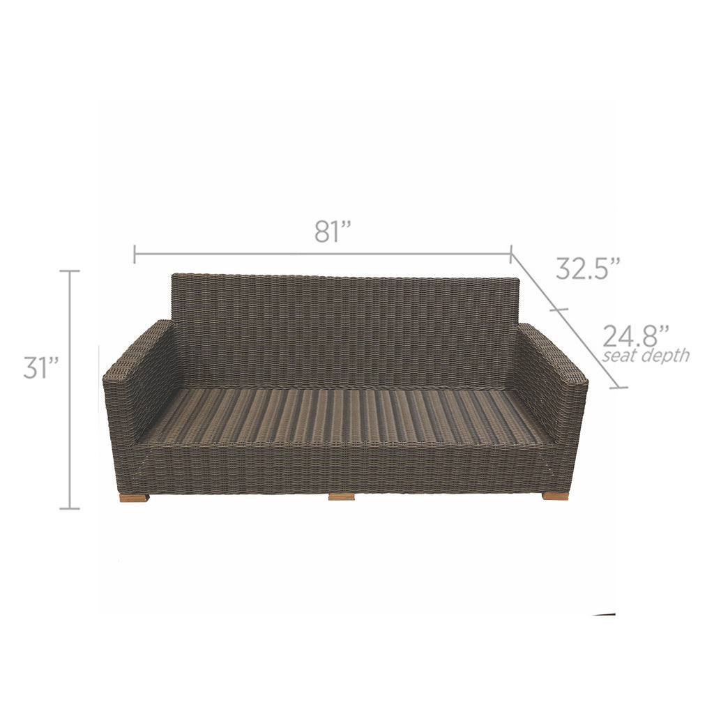 Outdoor sofa frame with dark wicker weave, no cushions