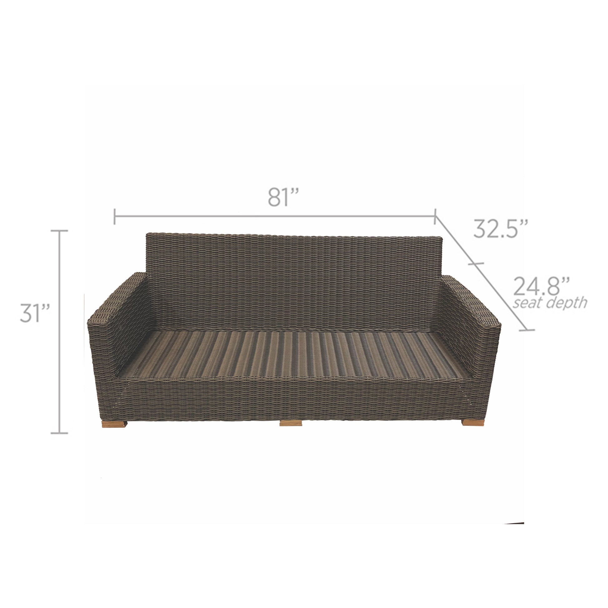 Outdoor sofa frame with dark wicker weave, no cushions