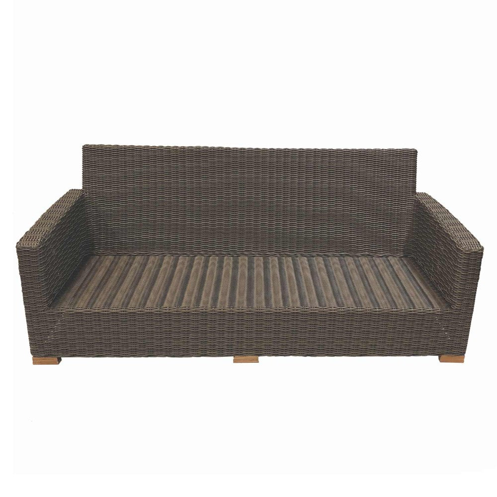 Outdoor sofa with dark wicker frame and striped seat cushion