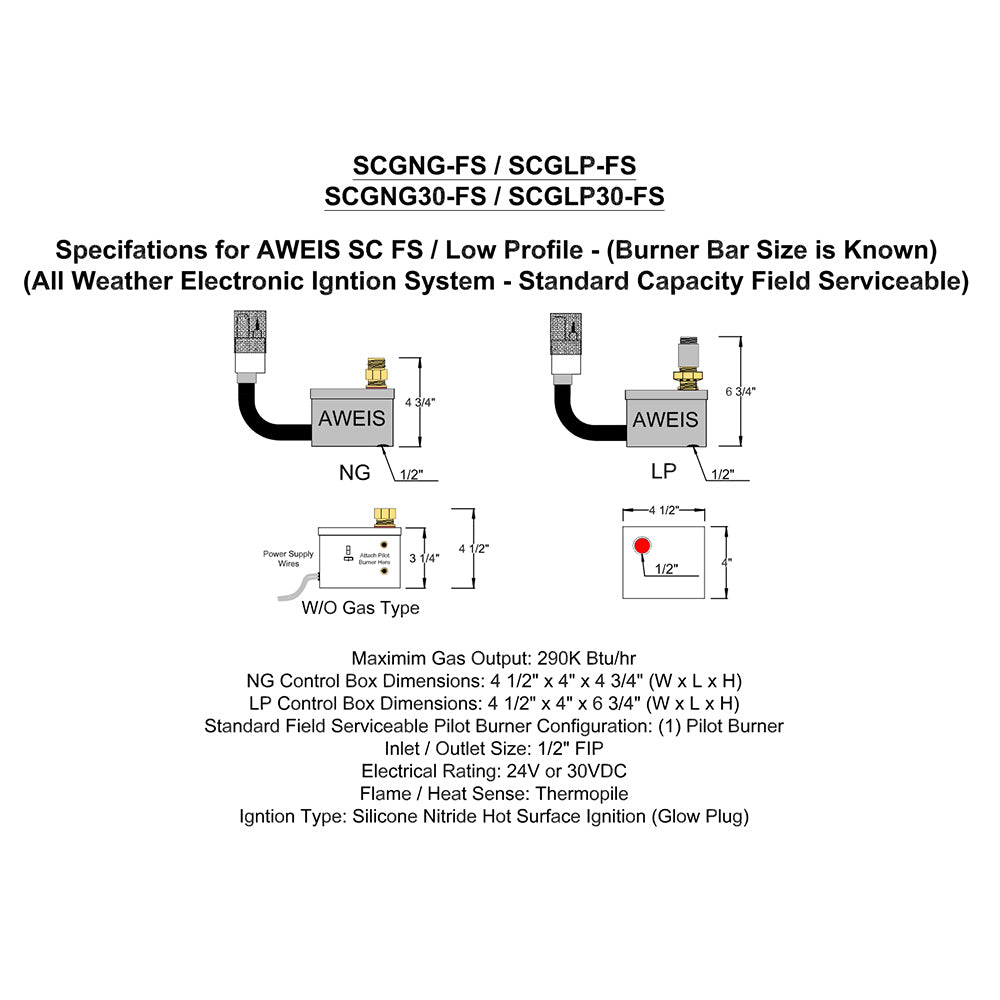 Electronic ignition system specifications diagram for AWEIS with NG and LP layouts