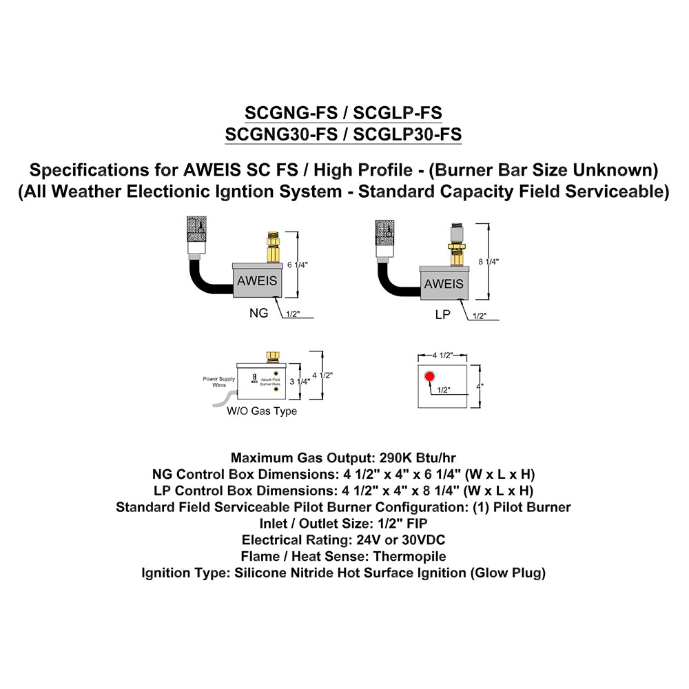 AWEIS electronic ignition system specs diagram for SCGNG-FS/SCGLP-FS, NG and LP
