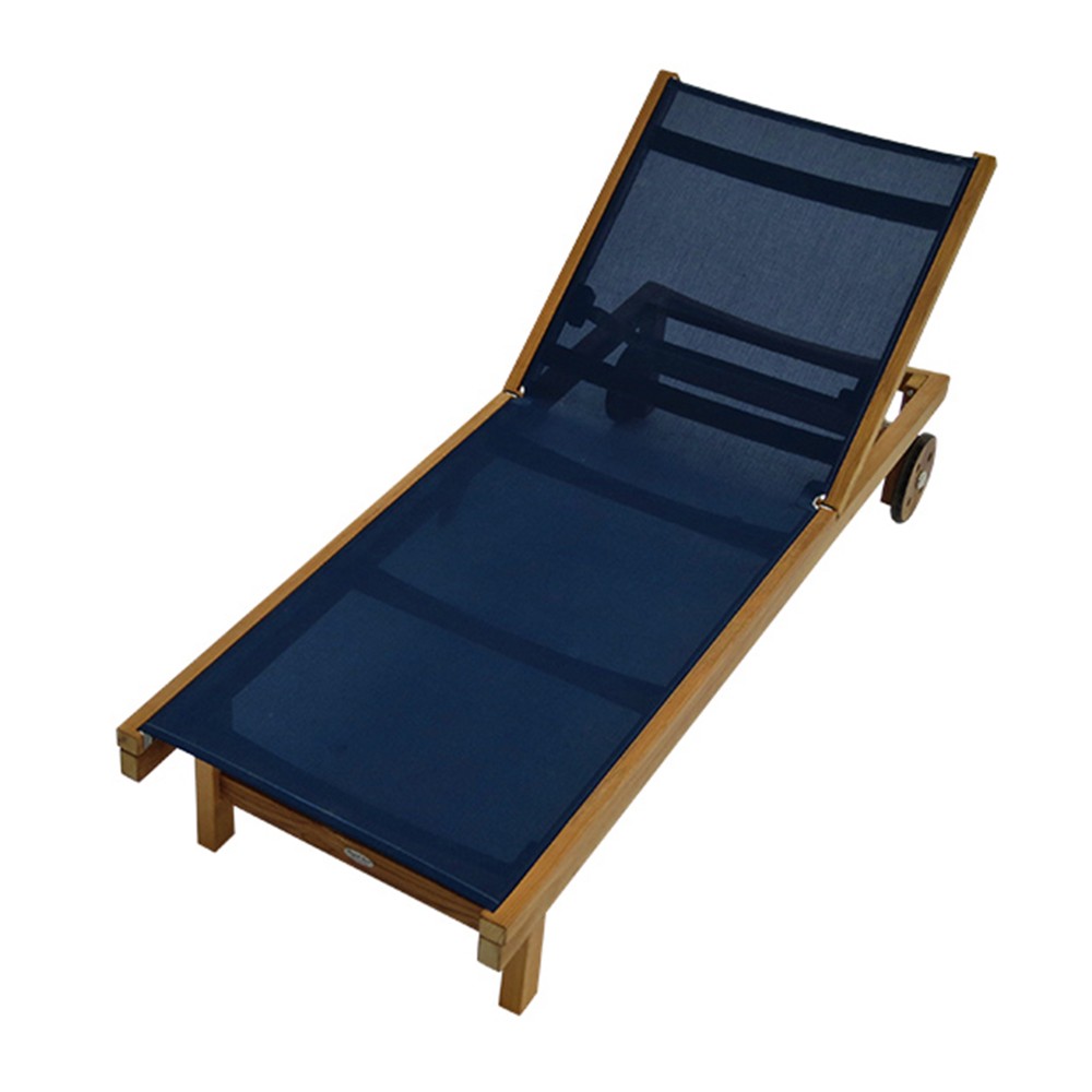 Teak chaise lounge chair with dark navy sling seat and adjustable back, caster wheels
