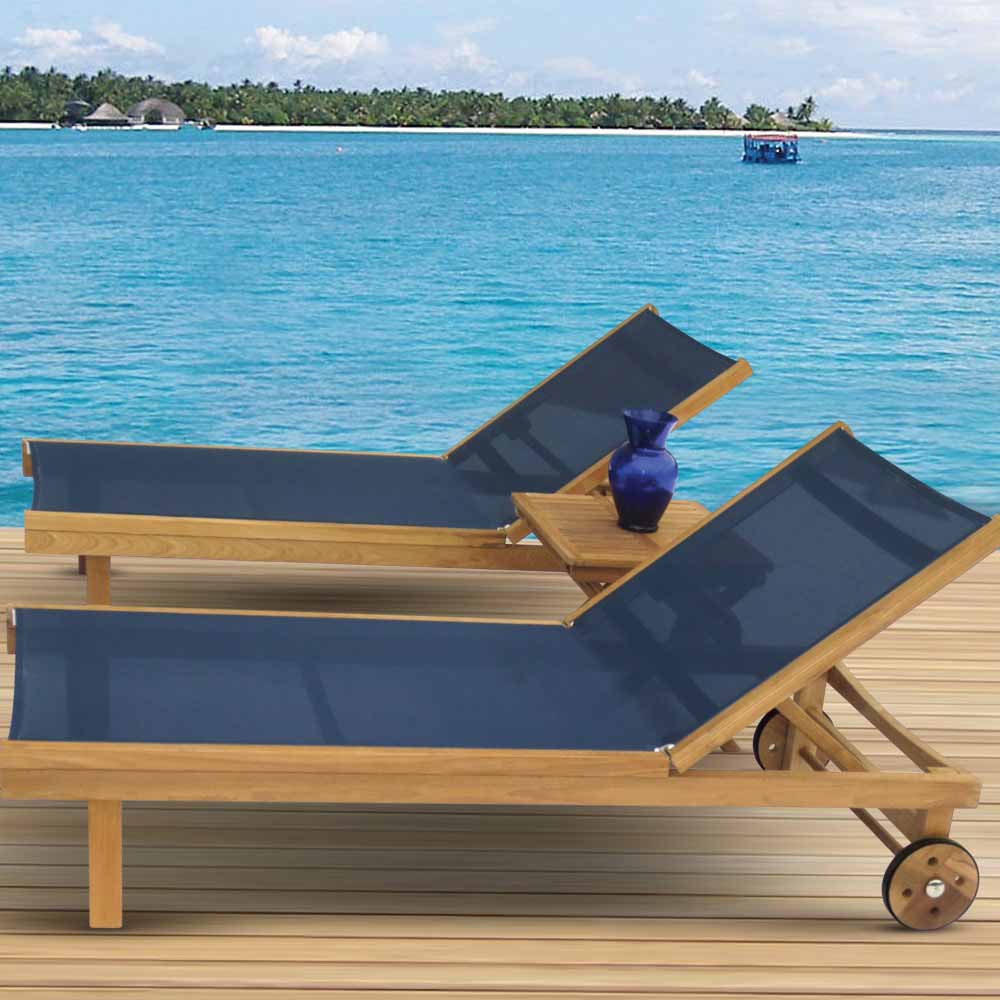 Teak chaise lounge chair with dark blue sling seat and adjustable back, caster wheels