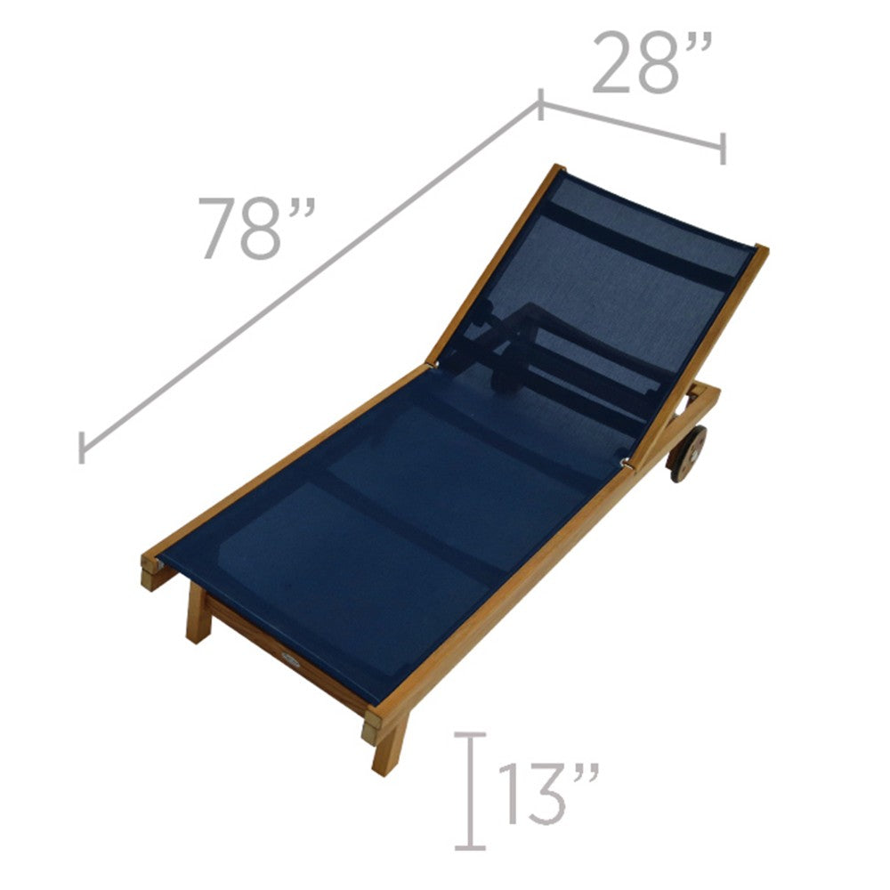 Teak chaise lounge, dark blue sling seat, 78"x28" size, adjustable back, casters