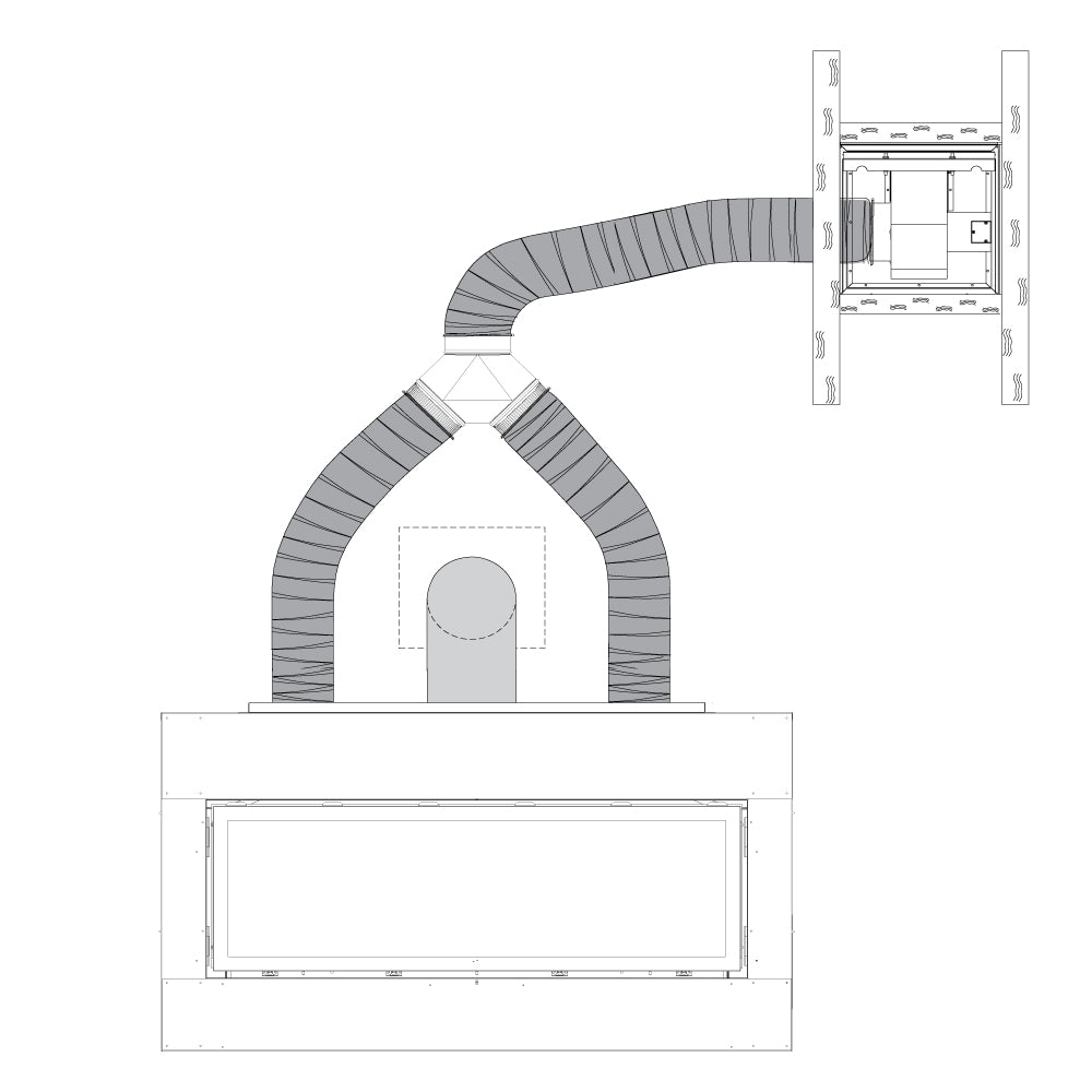 Flex vent kit with gray corrugated duct and fireplace insert adapter, diagram view