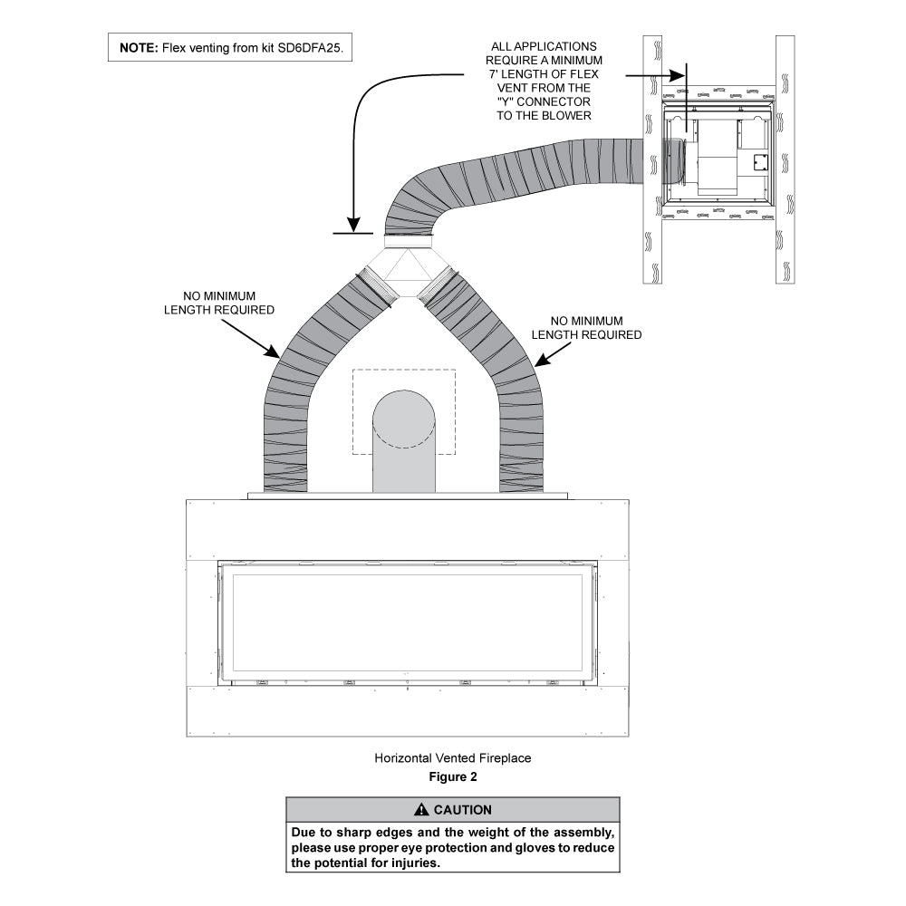 Flex vent kit diagram with gray corrugated duct, blower connection, vent distance arrows