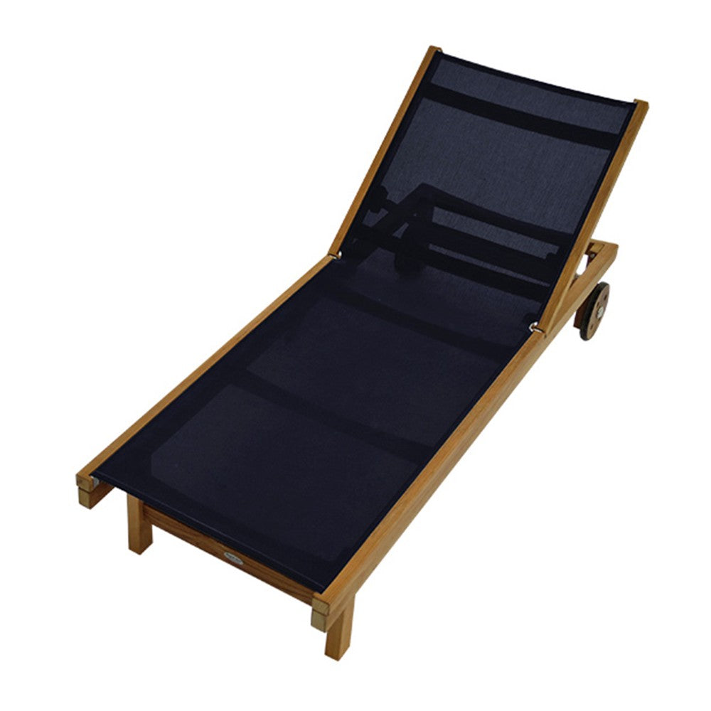 Teak chaise lounge chair with navy sling seat and adjustable back, caster wheels