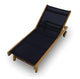 Teak sling lounge chair with dark navy fabric and slatted wooden frame