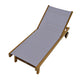Teak chaise lounge chair with light gray sling seat and adjustable back, caster wheels