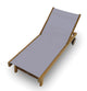 Teak sling lounge chair with light gray fabric sling and slatted wooden frame