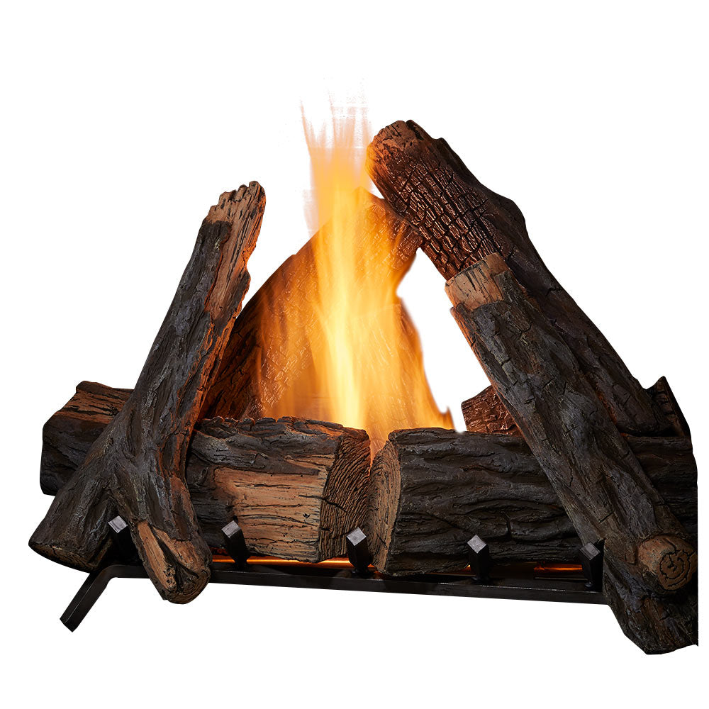 Outdoor gas fireplace log set with stacked dark logs and visible flame