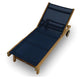 Teak sling lounge chair with deep navy fabric sling and slatted wooden frame