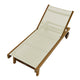 Teak sling lounge chair with light beige fabric and rolling wheels