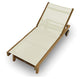 Teak sling lounge chair with white fabric sling and slatted wooden frame