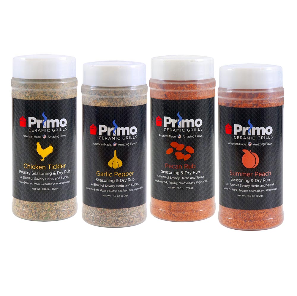 Set of 4 Primo ceramic grills seasoning rub bottles, including garlic pepper