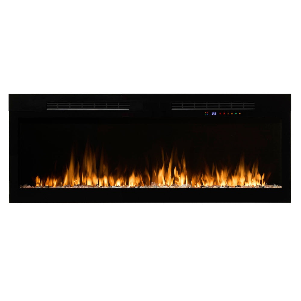 Black linear electric fireplace with bright flame bed and slim top vent grilles