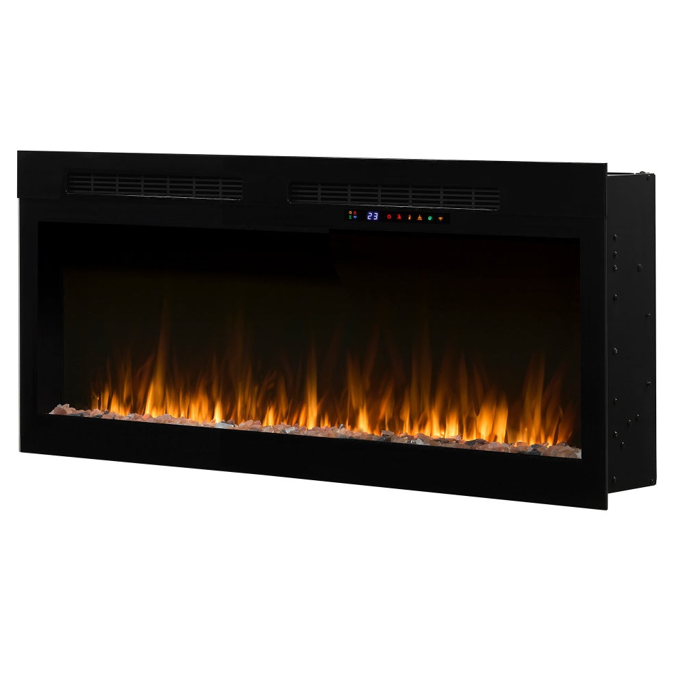 Black linear electric fireplace with glowing flame effect and top control display