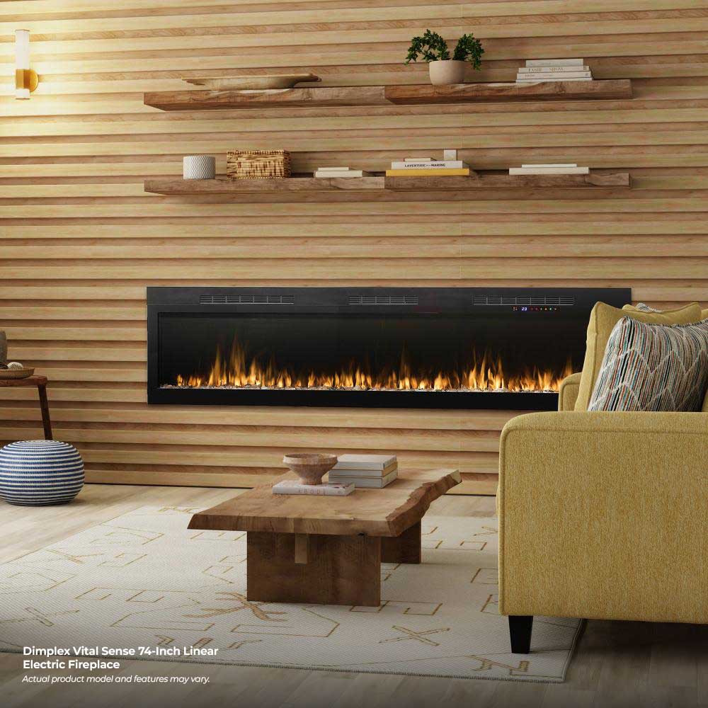 Linear electric fireplace insert with orange flame effect in a living room setup