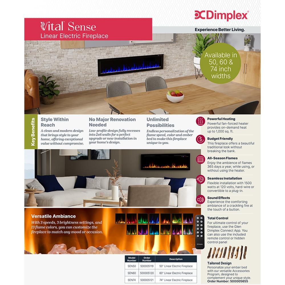 Vital Sense linear electric fireplace brochure showing feature icons and flame settings