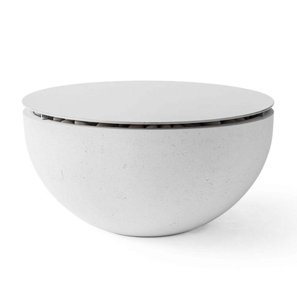 Aluminum tabletop fire lid with round top and vent openings, light gray finish