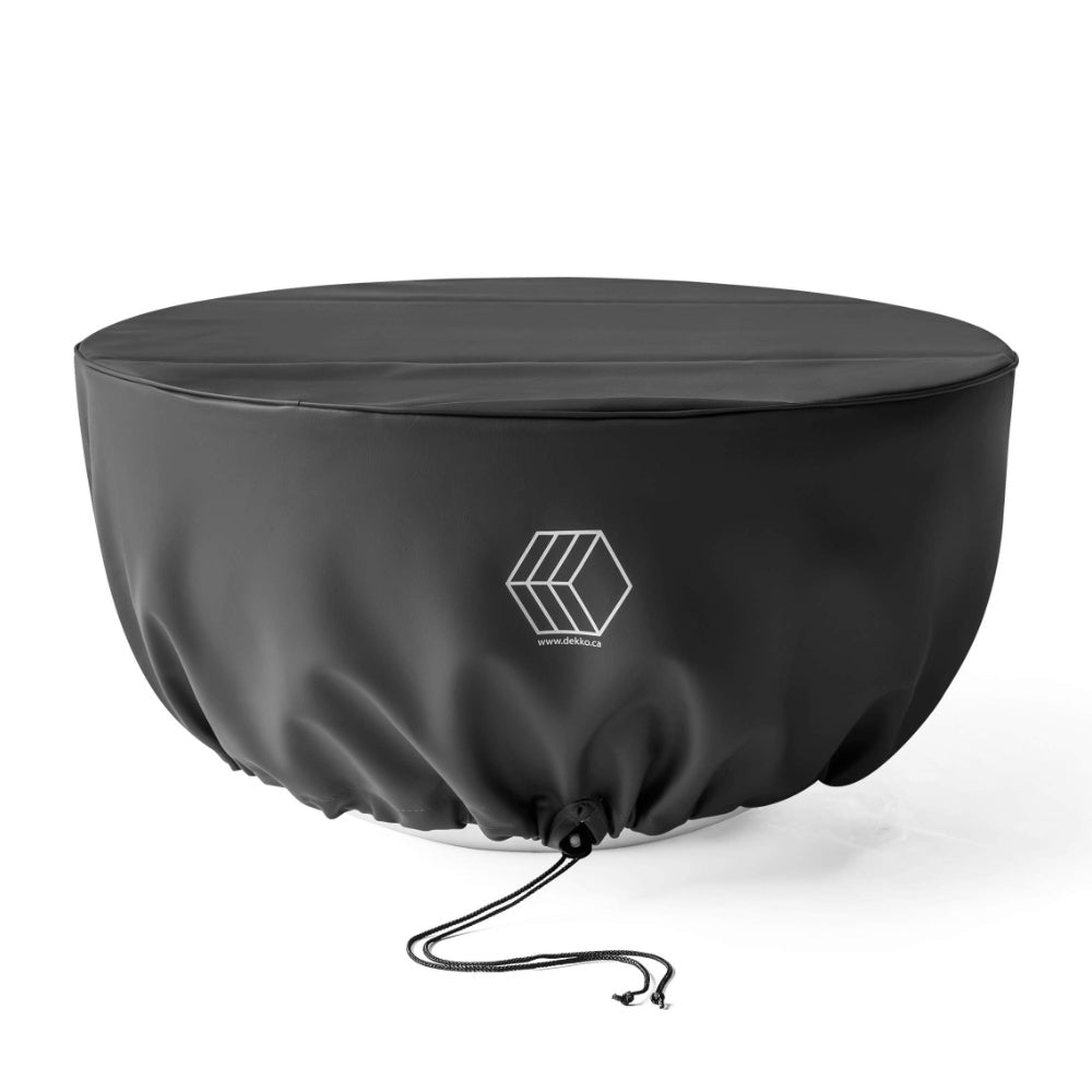 Dark fire pit cover with drawstring and fabric logo patch on top.