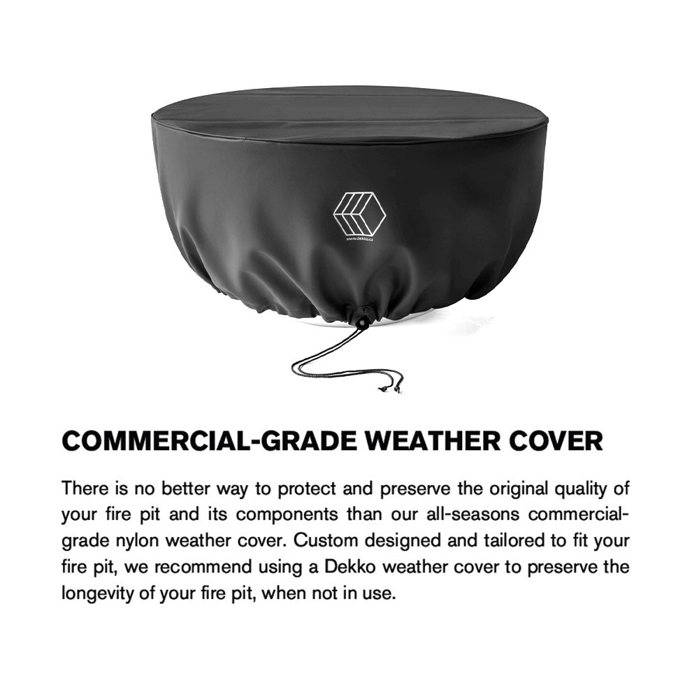 Dark round fire pit weather cover with logo and front draw cord.