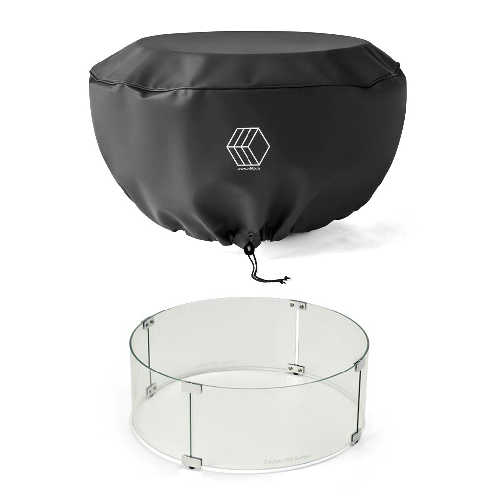 Round fire bowl wind guard with black vinyl cover and clear glass panels