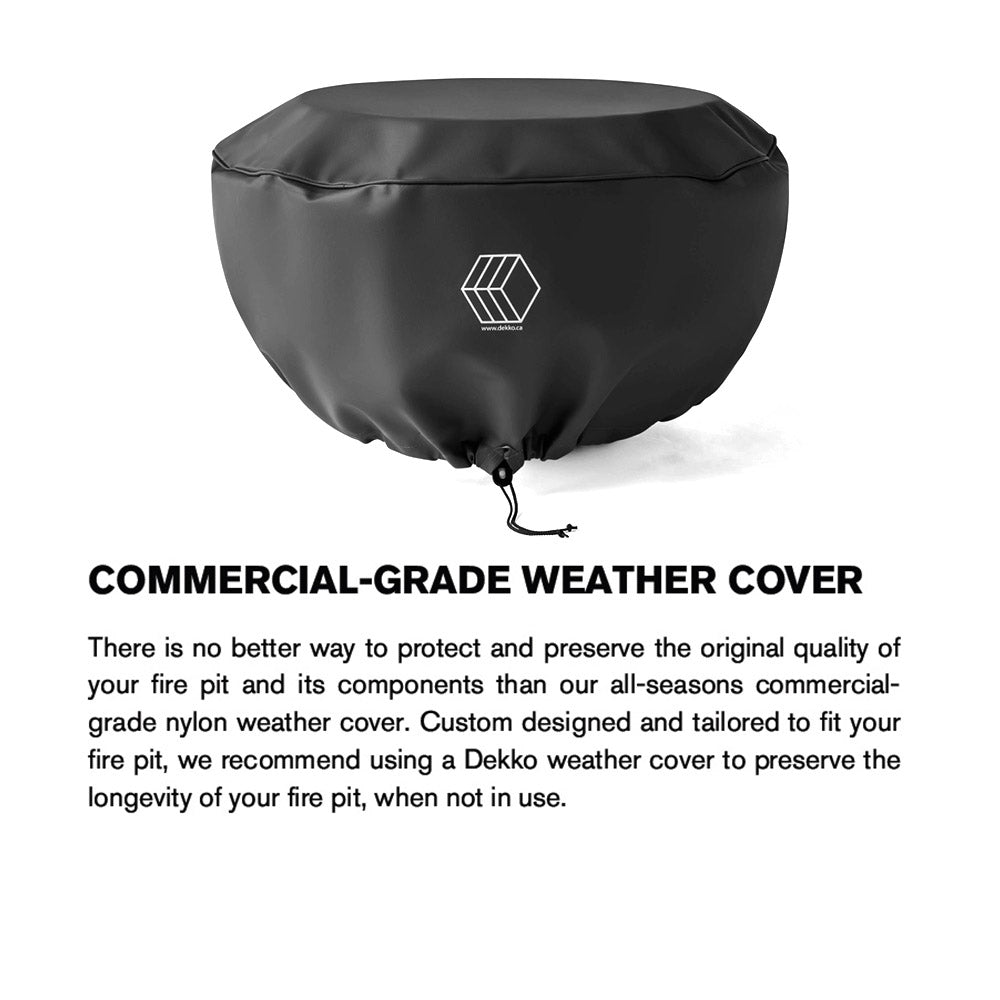 Round glass fire wind guard with black vinyl weather cover and drawcord ties