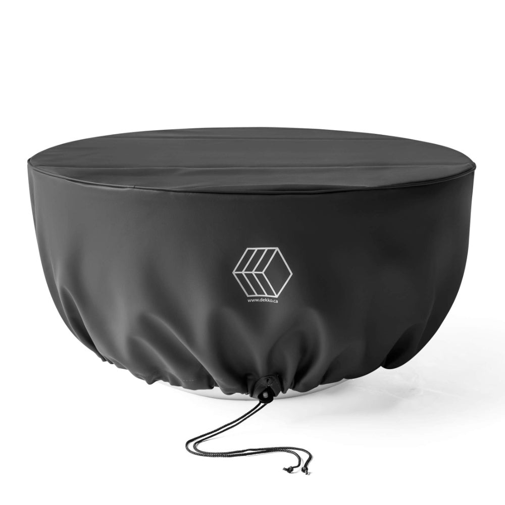 Fire pit vinyl cover, dark gray round top with drawstring and logo