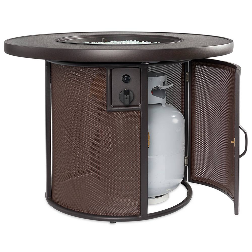Gas fire table with brown mesh side panels and built-in propane tank compartment