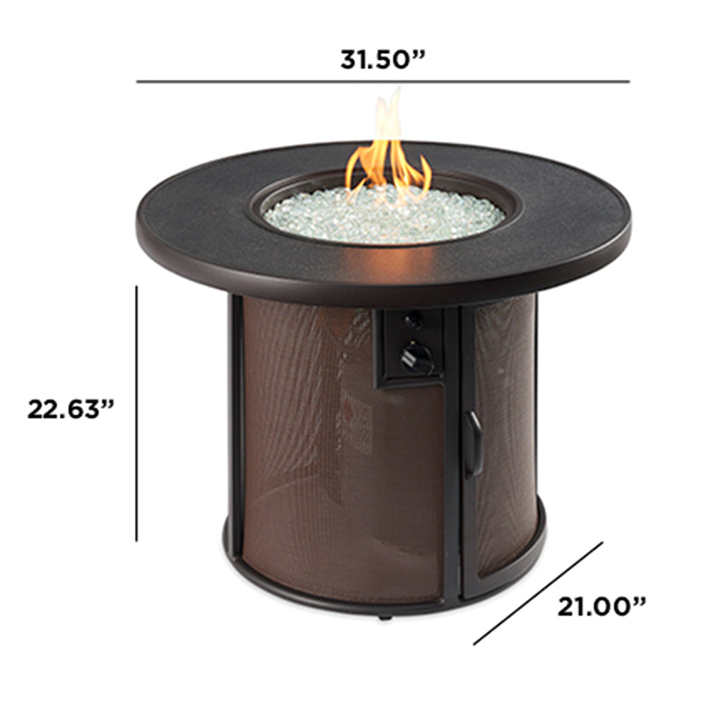 Round gas fire table with open access door; labeled dimensions 31.50" x 22.63"