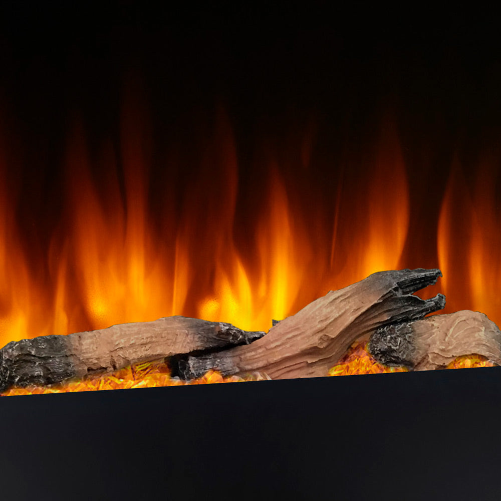 Driftwood-style electric fireplace log set with glowing flames
