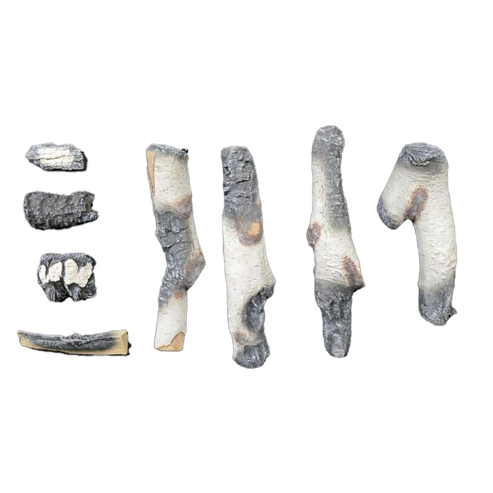 Glowing birch log set pieces with gray bark texture for fireplace insert