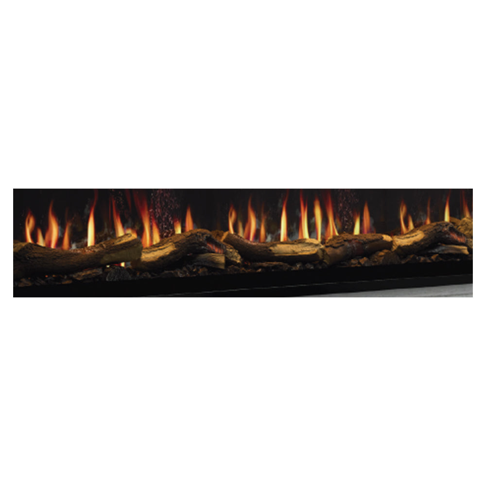 Glowing birch log set with scattered dark logs and visible orange flames in tray