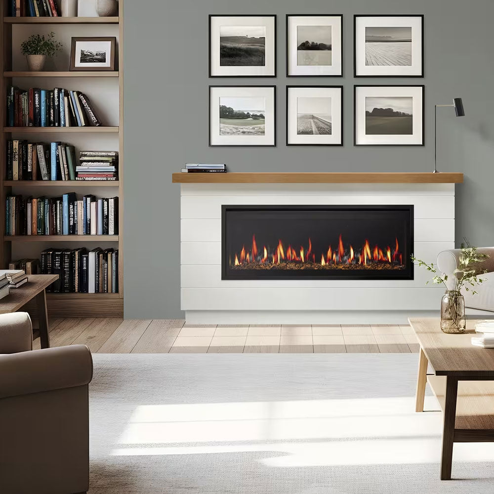 Farmhouse style mantel with wood top and white paneling, electric firebox with ember flame