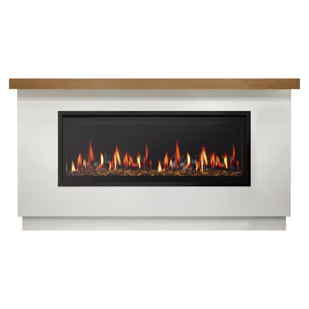 White mantel electric fireplace with black firebox and orange flame display