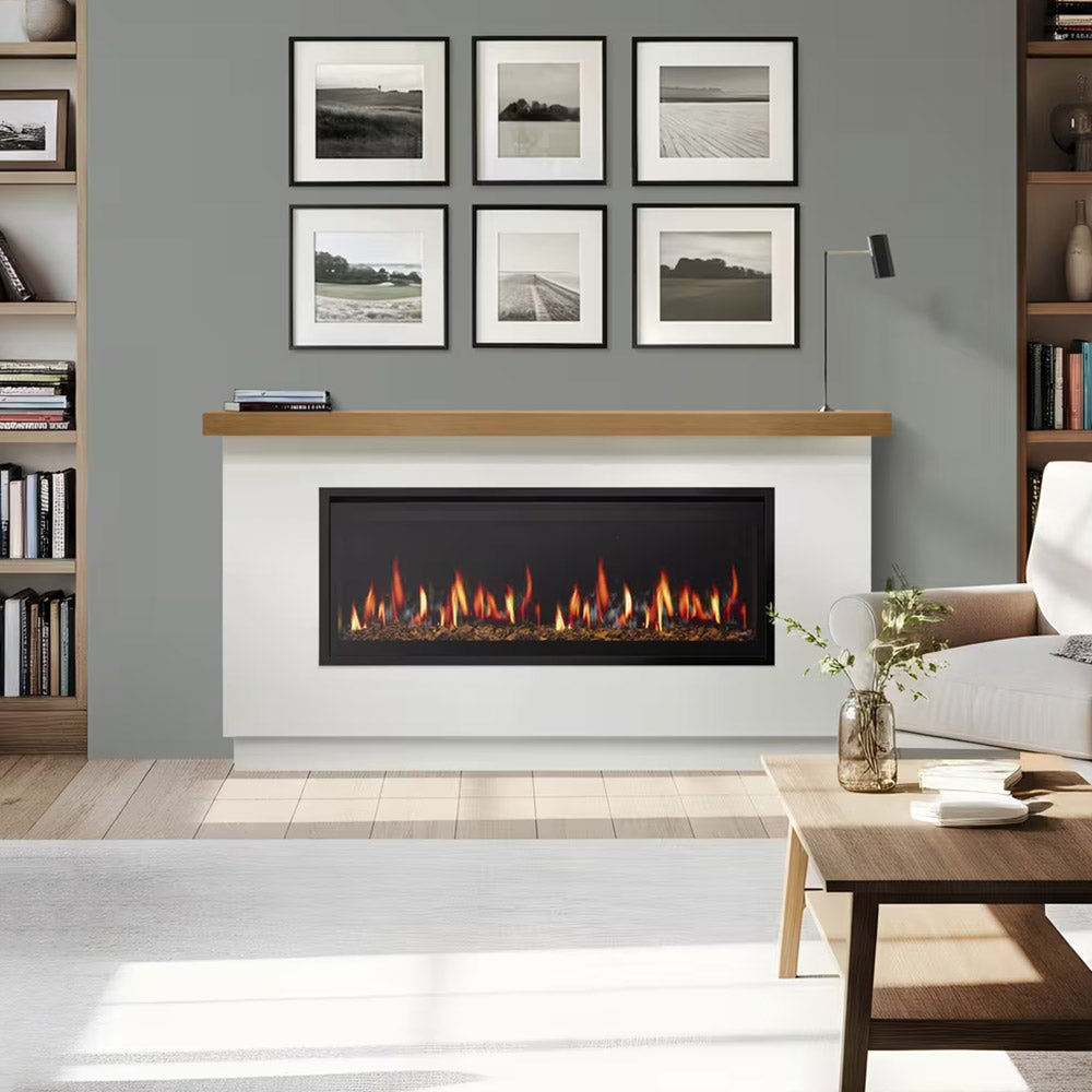 White electric fireplace mantel with black firebox and orange flame display