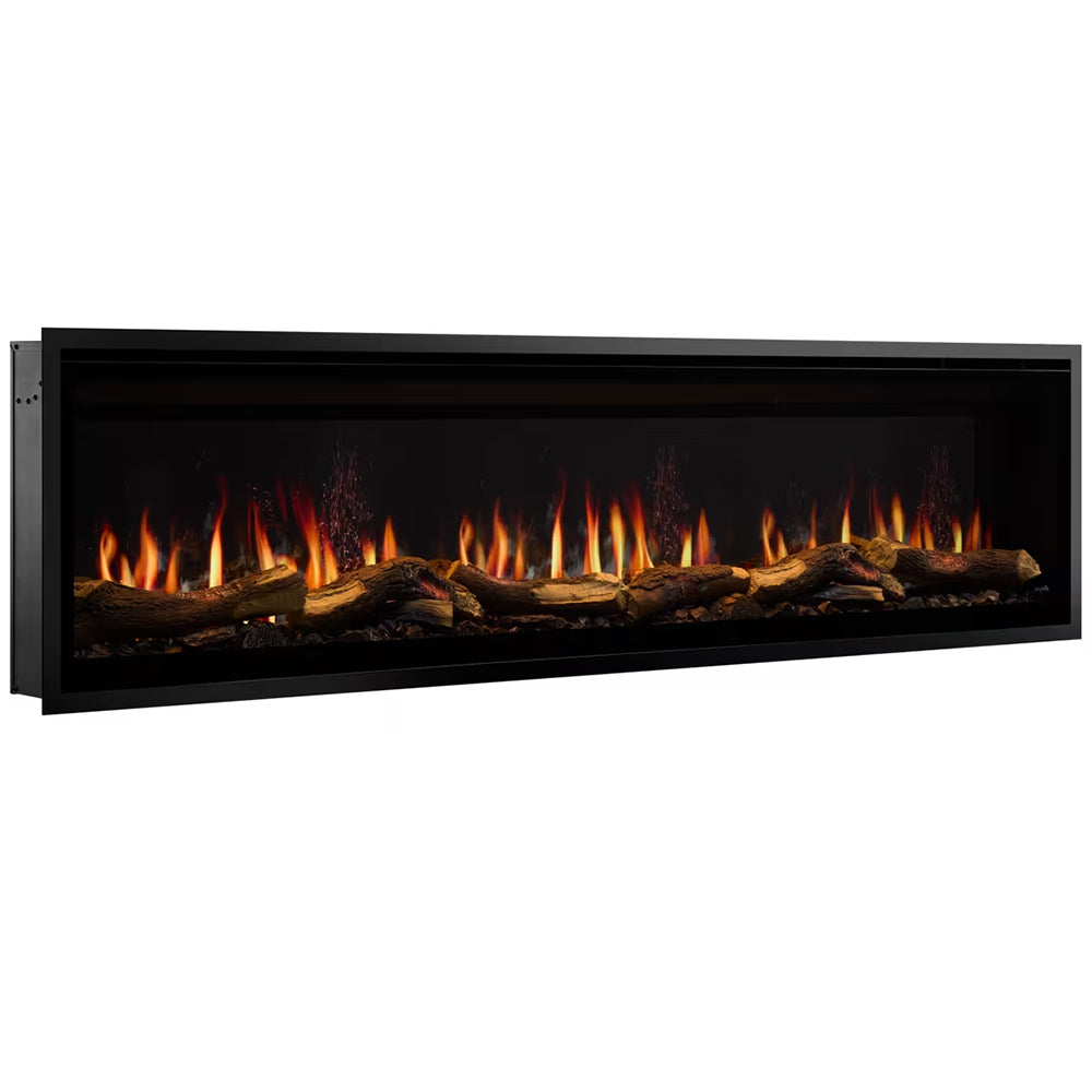 Linear electric fireplace with dark glass frame and glowing flame display