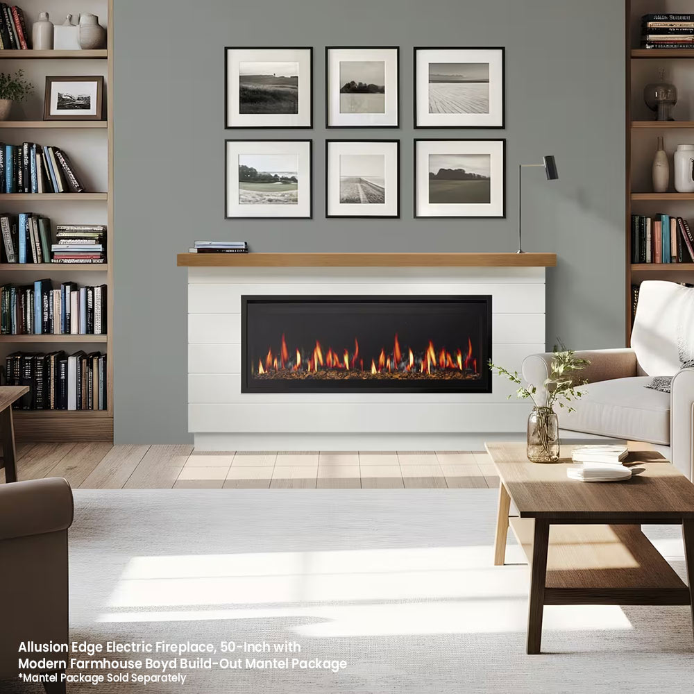 Electric fireplace in black inset with mantel, showing bright orange flames