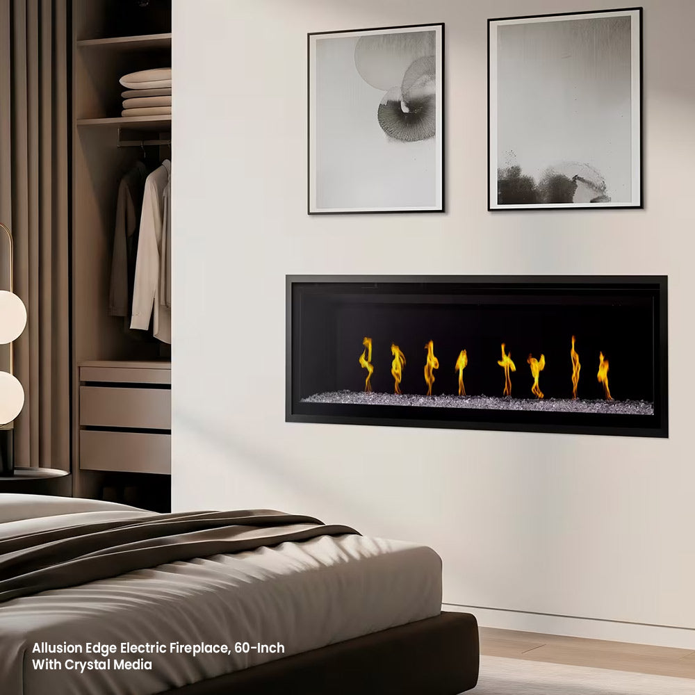 Wall-mounted linear electric fireplace with black trim and vivid yellow flames