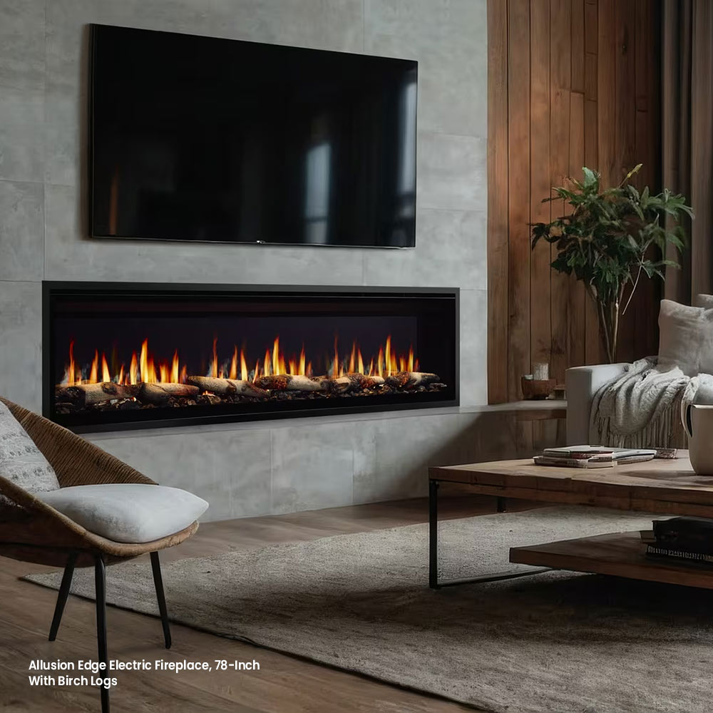Electric fireplace with dark frame and log-style flame bed