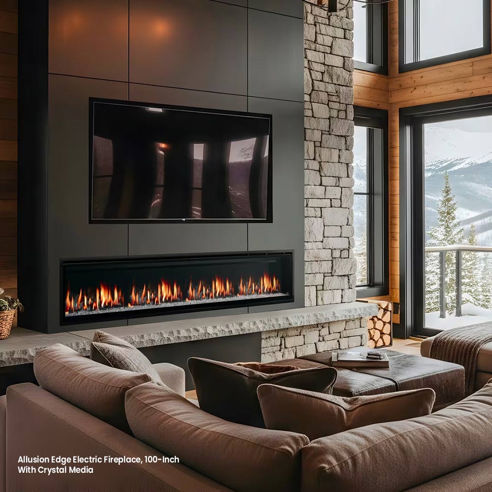 Linear electric fireplace with black glass front and ember-like glowing base