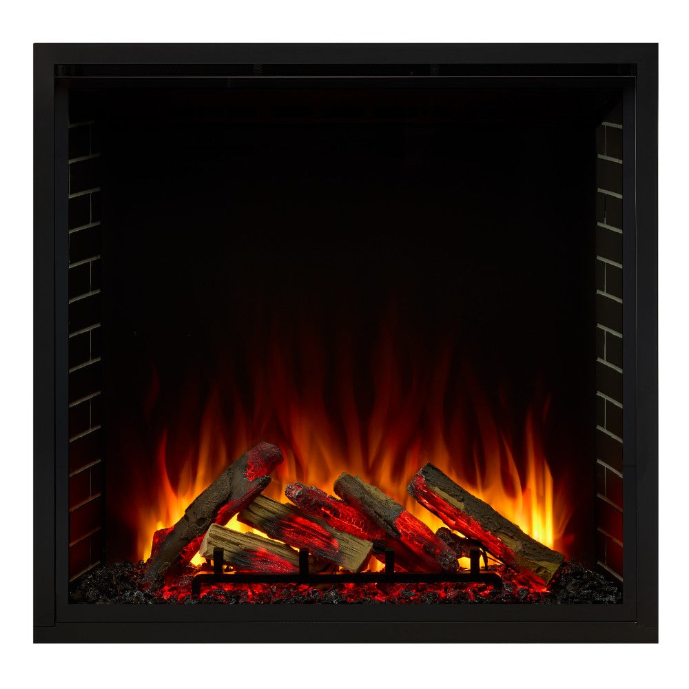 Built-in electric fireplace with glowing logs and orange flame effect