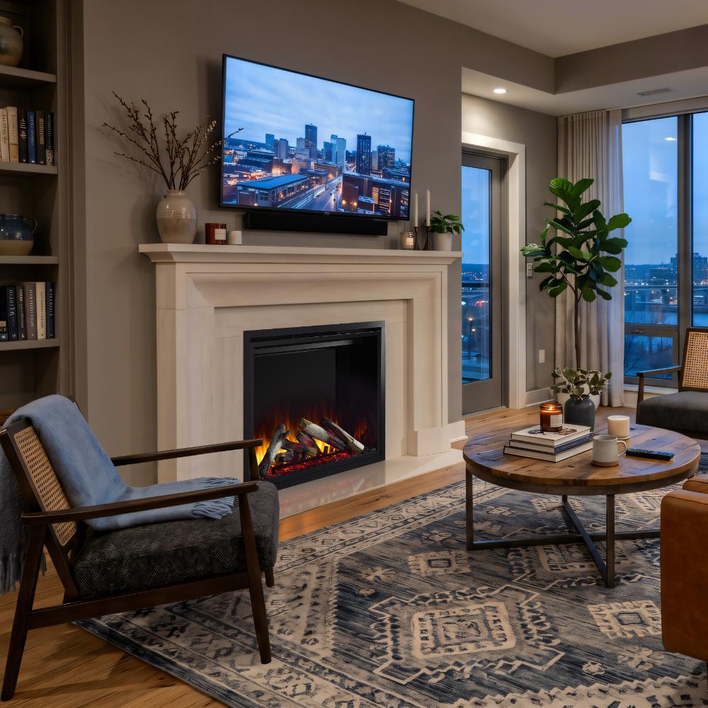 Built-in electric fireplace with flame glow in cream mantel living room