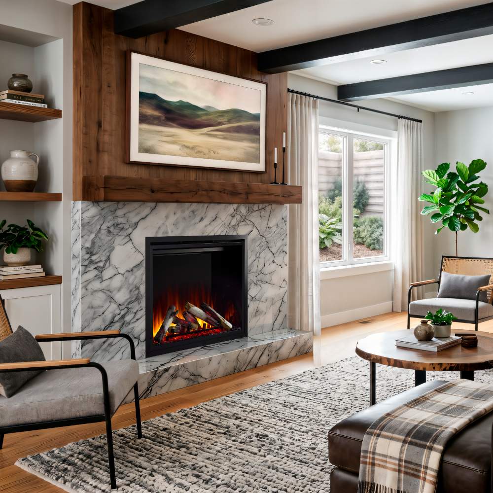 Built-in electric fireplace in white marble surround with orange flame effect