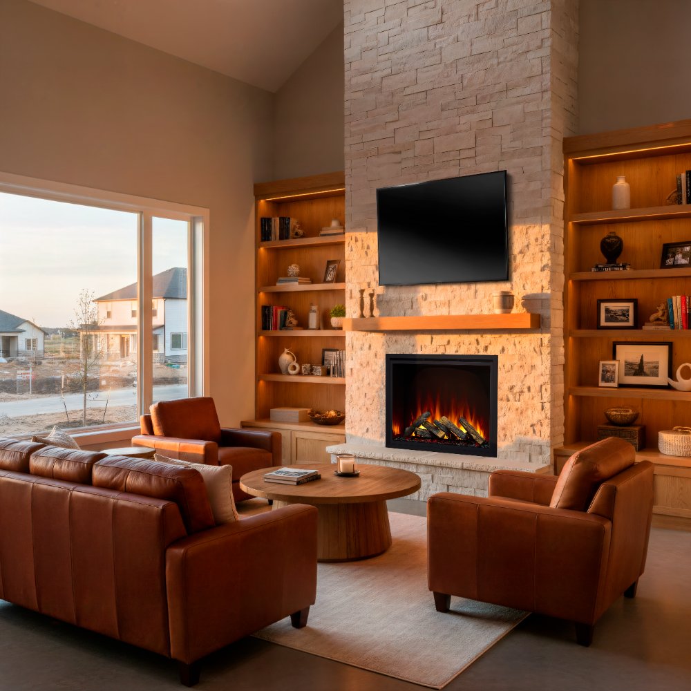 Built-in electric fireplace set in stone wall with orange flame and dark screen